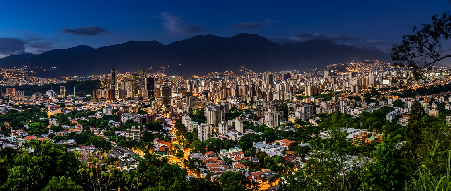 Panorámica nocturna ilustrativa de Caracas, creada con IA a partir de la imagen de referencia aportada.